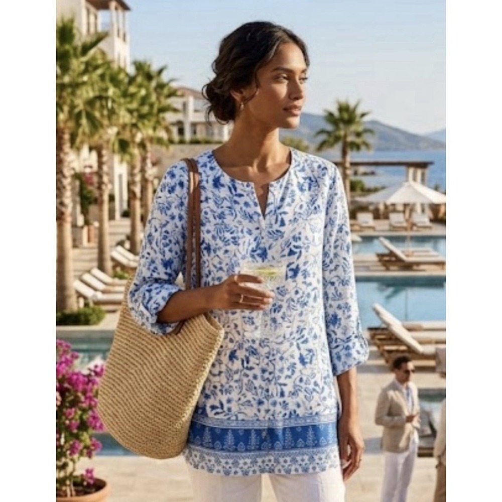 Joie Womens Size 2X 100% Linen Button Up Tunic Top White Blue Floral Roll Tab